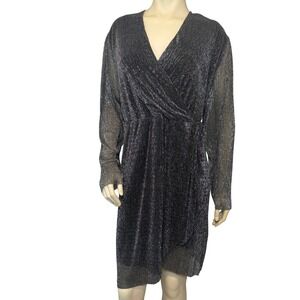 Serra Womens XXL Silver Metallic Pleated Wrap V-Neck Long Sleeve Party Dress